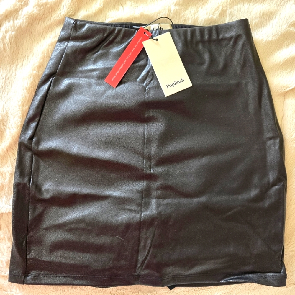 POPILUSH Small Black Shapewear Faux Leather Butt Lifting Mini Skirt Tumy Control